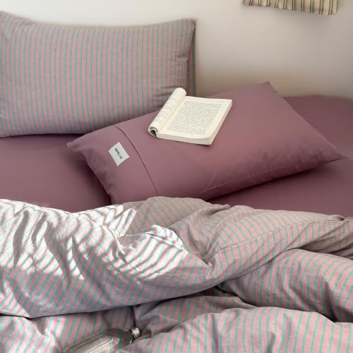 Image of Striped Duvet Cover Set Washed Cotton,Twin XL(68 inchx90 inch),Pinstripes Lavender