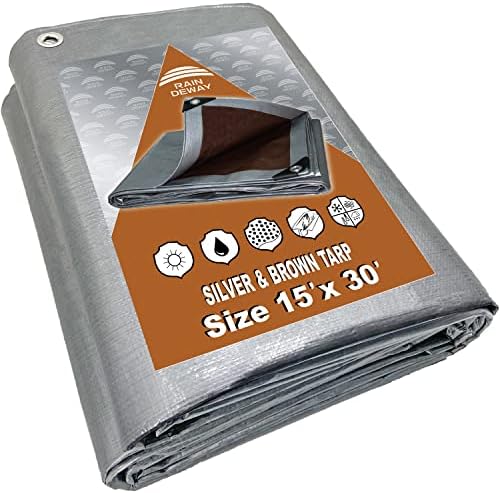 Tarps Heavy Duty Waterproof 15x30 Feet, 10Mil Multipurpose Large Tarp Cover with Metal Grommets and Reinforced Edges, Silver/Brown Tarp by RAINDEWAY