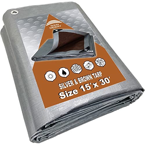 Tarps Heavy Duty Waterproof 15X30 Feet, 10Mil Multipurpose Large Tarp Cover With Metal Grommets And Reinforced Edges, Silver/Brown Tarp By Raindeway #TOP12