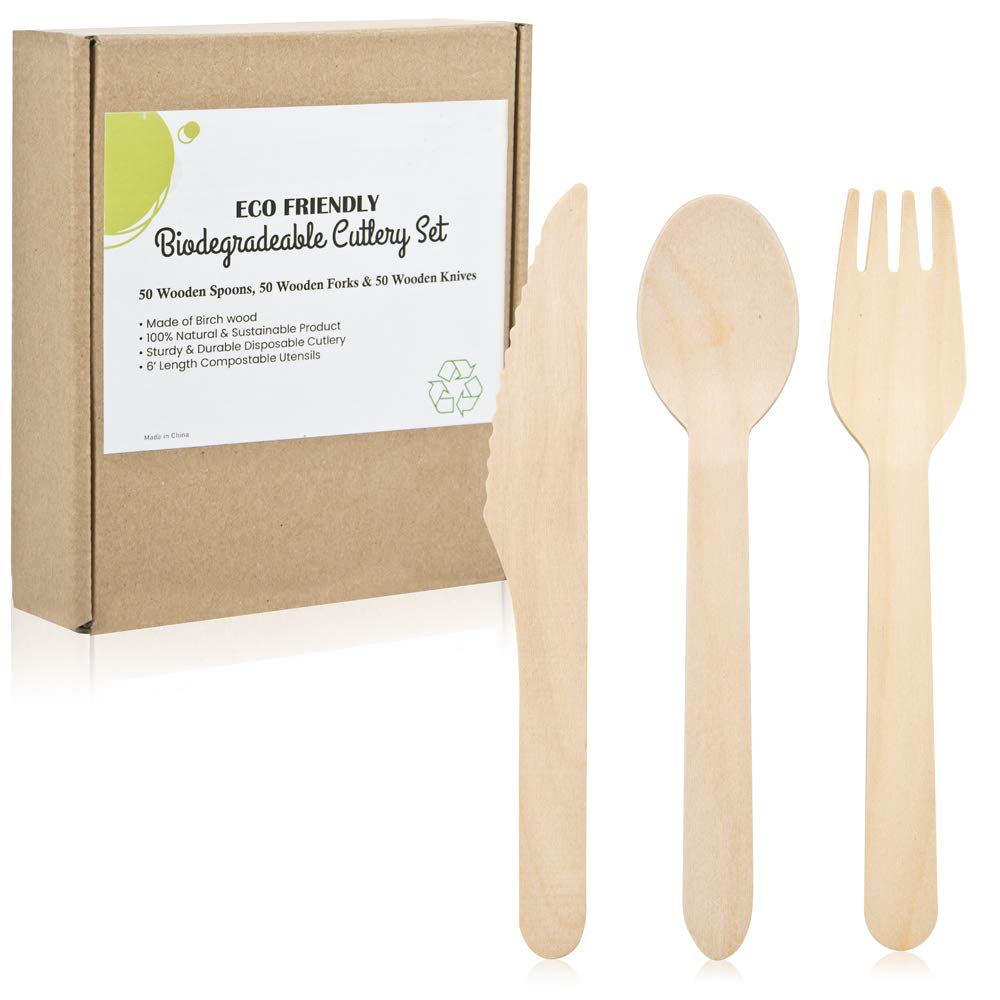 Set di 150 posate usa e getta in legno, biodegradabili, ecologiche, per barbecue, picnic, feste, 50 forchette, 50 cucchiai, 50 coltelli