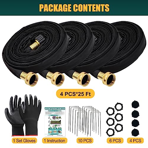 100 FT Flat Soaker Hose Garden Bed Hose, 4 Pack of 25 Ft Heavy Duty Double Layer Design Drip Hose For Garden Save 70% Water Flower Sprinkler Hose Consistent Drip Linkable Additional hose Connect