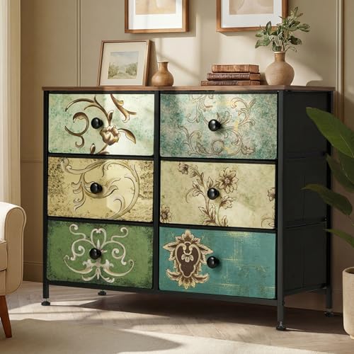 Oikiture Chest Drawers Fabric Retro – 6 Storage Cabinet Lowboy Organizer for Kids Room Nursery Entryway