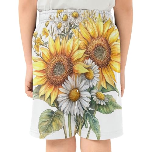 Watercolor Sunflower Daisy Flower Bouquet Boy Casual Shorts Athletic Shorts Pants with Pockets4