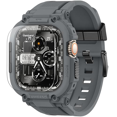 Image of amBand Bands Case Screen Protector Compatible with Apple Watch Ultra 3 /2 /1 49mm, M1 Sport Series Rugged Cover Strap and 9H Tempered Glass Film, Protective Bumper for iWatch 49 mm Men Gray