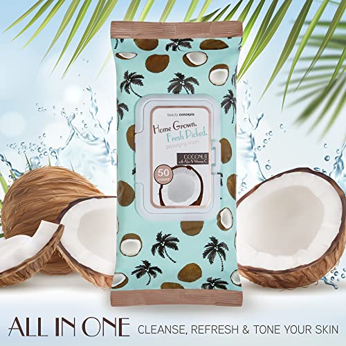 Beauty Concepts Coconut Facial Wipes | Pack Of 2, 100 Count, Facial Cleaning Cloths Removes Makeup Mascara Dirt And Oil, Flip Top Pack (Coconut With Aloe & Vitamin C) #TOP2