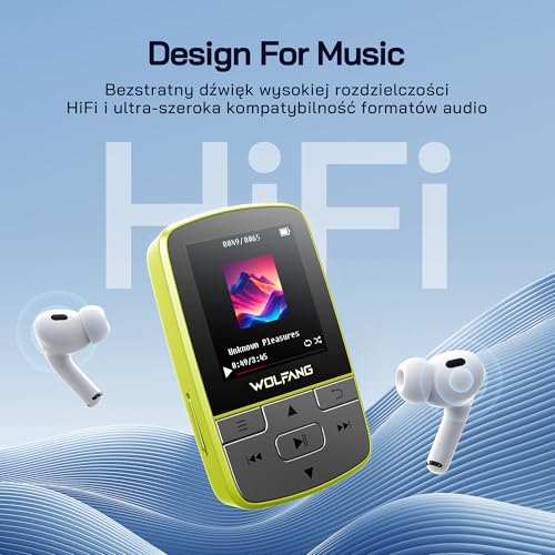 WOLFANG Odtwarzacze MP3 z Bluetooth 5.2, klips sportowy, mini rozmiar, waga 28 g, radio HiF FM, dyktafon, słuchawki w zestawie, fluorescencyjny zielony