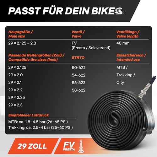 LOEVELOSI 2X Fahrradschlauch 29 Zoll mit schwarzem Sclaverand-Ventil 40mm - Französisches-Ventil Fahrrad Schlauch FV Presta-Ventil - ETRTO 50/58-622 2er Set Schläuche 29×2.125-2.3 City Bike eBike MTB