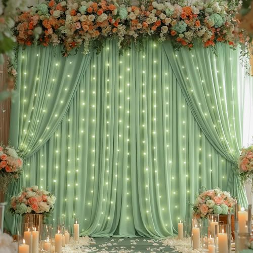 Sage Green Backdrop Curtains with Lights,10x10FT Wrinkle Free Dark Green
