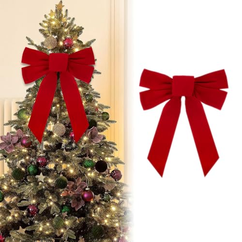 Chexin Fiocco natalizio, 4 fiocchi rossi, per Natale, grandi 34 x 27 cm, fiocco regalo grande, punta per albero di Natale, pronto per albero di Natale, ghirlanda, camino, porta di casa