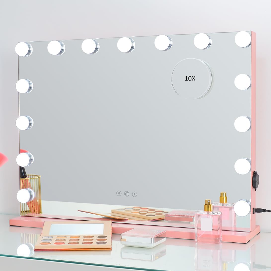 2-FNS Hollywood Espejo con Iluminación, Espejo de Maquillaje Grande con 15 Bombillas Regulables, Control Táctil Inteligente, Espejo de Cosmético Iluminado para Dormitorio, Vestidor