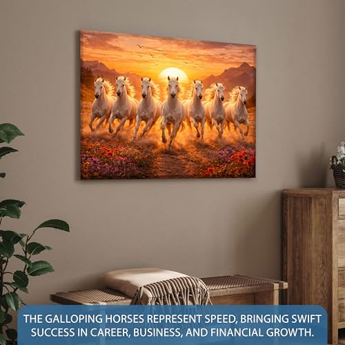 Image of Rousrie Big Size 7 Horses Vastu Frame Wall Art Painting, White Running Horses on Water, Rising Sun Wall Decor, Multicolor (45 cm x 60 cm - Design 2)