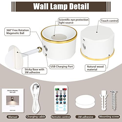 Yuewilai Led Wall Sconce, 4 Pack Wireless Wall Mounted Reading Lights With Remote Control Rechargeable Battery Operated Usb Touch Stepless Dimming 16 Rgb Colors 360° Rotate Magnetic Ball (White) #TOP5