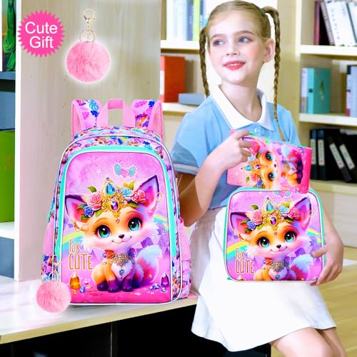 Image of 16 inch Backpack for Girls, 3Pcs Fox Kids Bookbag with Lunch Box,School Backpacks for Elementary Preschool Kindergarten (Pink)