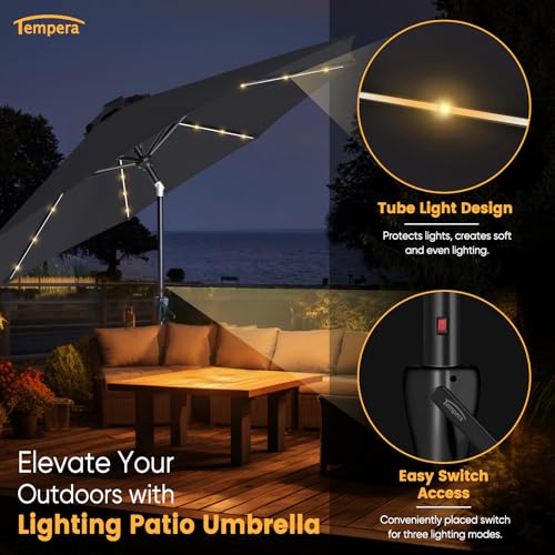 Image of Tempera Patio LED Umbrella with Light | Solar Outdoor Umbrella | Market Table Parasol with Push Button Tilt and Crank, with Sturdy Pole & Fade Resistant Canopy, Easy to Set