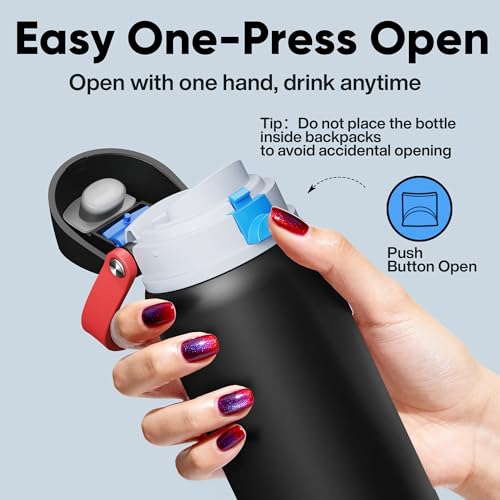 Image of Insulated Water Bottle with Straw - Encool Stainless Steel Water Bottle with Push Button Lid, Leak-Proof & BPA-Free, Keeps Cold for 24 Hours for Sports, Travel, Gym (32 oz, Oil Black)