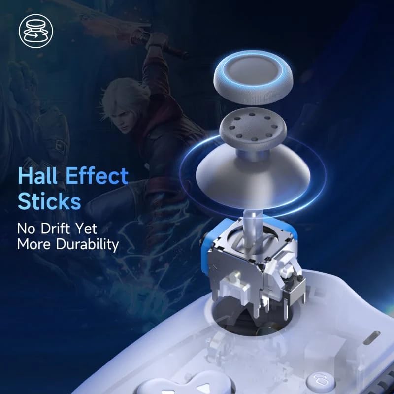 Exploded view diagram of a Hall Effect stick, highlighting its components and the 'No Drift Yet More Durability' feature.