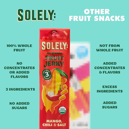 Image of SOLELY - Organic Spicy Mango Chili and Salt Fruit Jerky - 12 Individually Wrapped Strips - Fruit Leather Made from Dried Fruit - Healthy Snacks for Adults & Kids - Vegan, Non GMO - 0.8oz (23g)