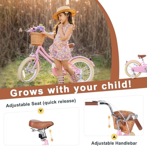 Image of Glerc Little Molly 12-20 Inch Kids Retro Cruiser Bike for 2-13 Year Old with Wicker Basket & Training Wheels /Kickstand, Multiple Colors