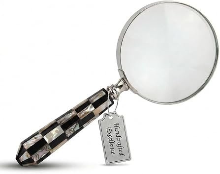 Store Indya Handheld Magnifier - Artistically Handcrafted Round Mother of Pearl Handle, Lightweight and Comfortable Grip, Classic Vintage Design, Great for Reading, 9" Length 4" Lens Diameter