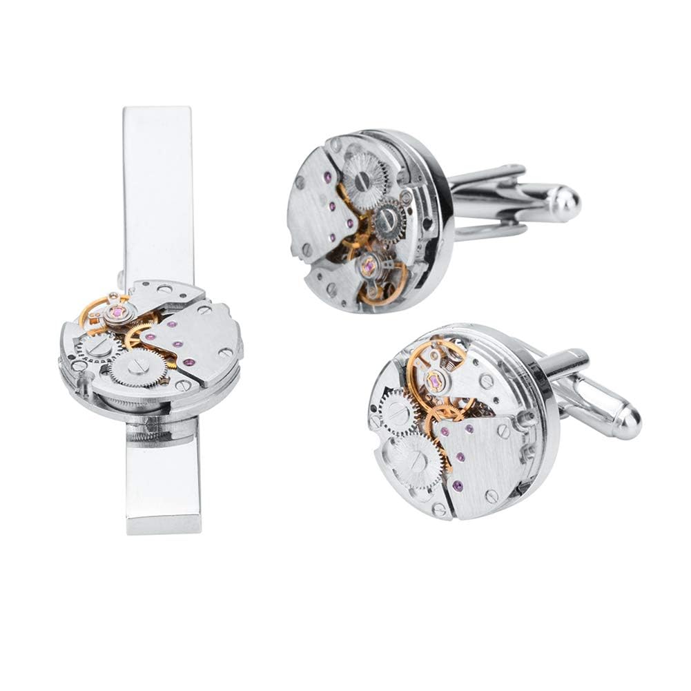 Uhrwerk Silber Manschettenknöpfe und Krawattennadel Clip Set für Männer Stilvolles Accessoire Geschenkset
