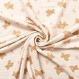 Cotton-Feel Printed Fabric - Teddy Bear Pattern, Soft Breathable Wrinkle-Free Stretchy for Baby Blankets, Garments & Crafts (1 Yard) (Beige, Cut by The Yard)