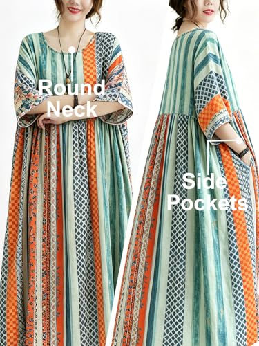 Image of Women Summer Dress with Pockets Plus Size Boho Floral Print Round Neck Loose Casual Flowy Dress