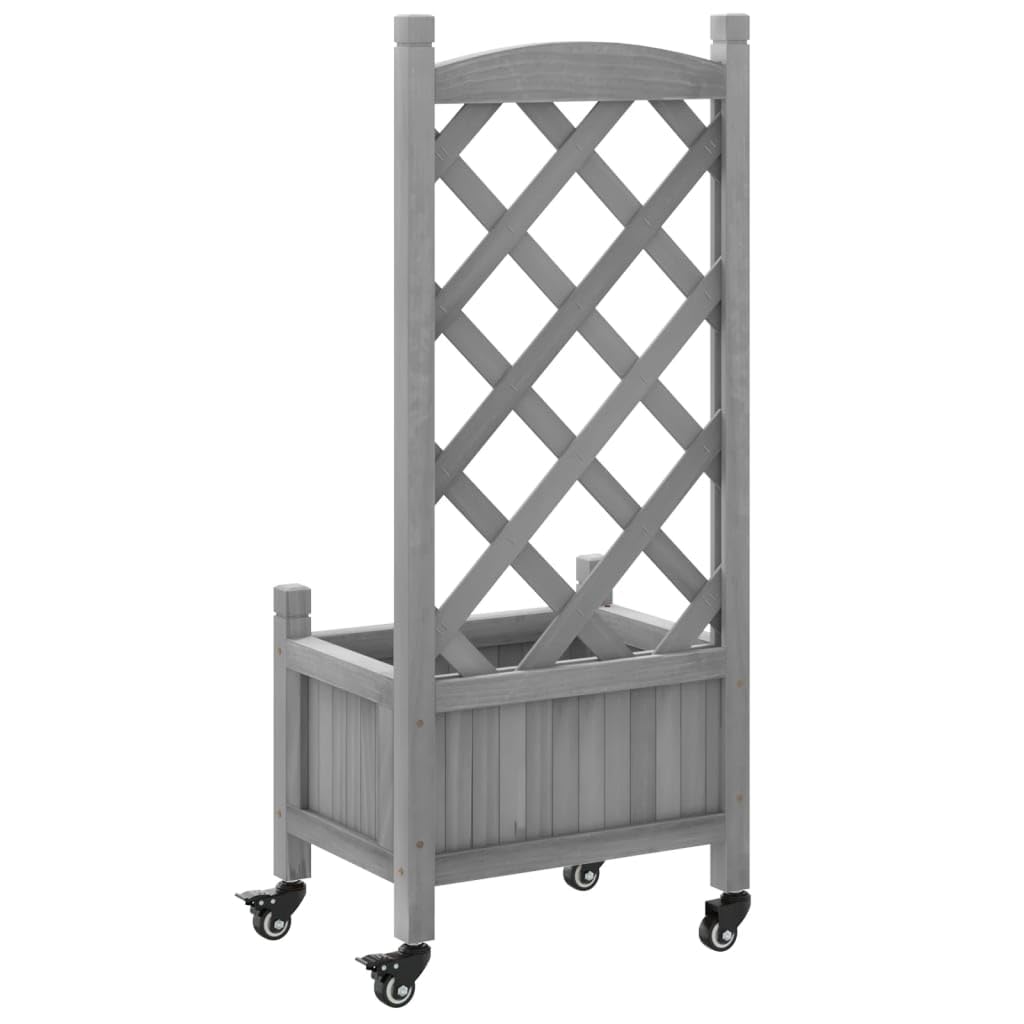 Jardinera de jardín con celosía, macetero rectangular, macetero alto con espaldera, jardinera de jardín gris, 40 x 30 x 97,5 cm, madera maciza de abeto, hierro
