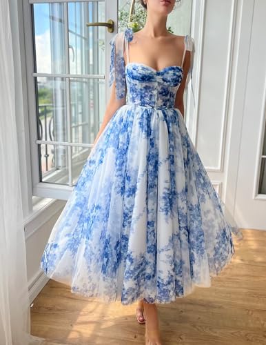 Floral Print Prom Dresses Tea Length Sweetheart Tie Straps Tulle Fairy Dress Cocktail Formal Party Gowns2