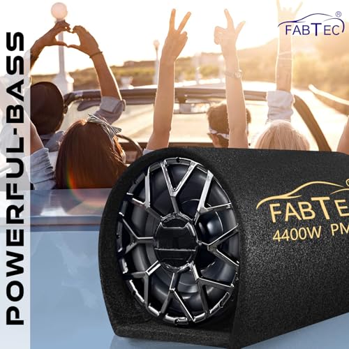 Image of FABTEC 8 inch Car Bass Tube Subwoofer with Inbuilt Amplifier Deep Bass & Powerful Sound Premium Grey Finish with Amplifier Wire kit