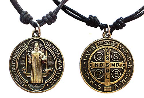 Antique Bronze Saint Benedict of Nursia Medal Pendant Adjustable Waxed Cord Necklace 16-30", Religious Catholic Charm3