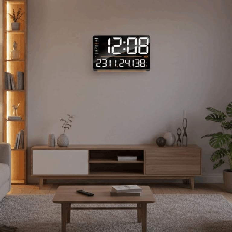 Image of Ajanta Digital Wall Clock with RGB Night Light, Temperature, Calendar and 12 /24H Format (White, 33 x 22 cm)