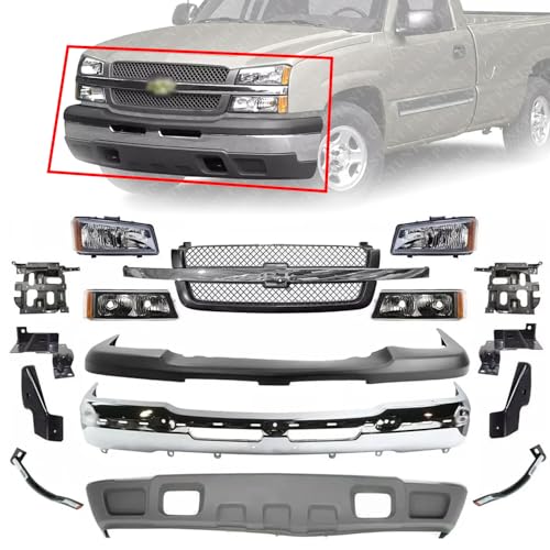 PARTSTUNT Front Bumper + Grille + Upper Cover Textured + Lower Valance + Headlights & Brackets + Signal Lights + Brace + Brackets Set LH & RH Direct Replacement For 2003-2006 Chevrolet Silverado 1500