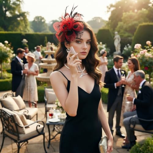 Image of DRESHOW Fascinators Hat Flower Mesh Ribbons Feathers on a Headband and a Clip Tea Party Headwear for Girls and Women
