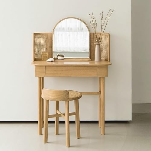 KUNYOS Dressing Table Wooden Dressing Table With Stool, Modern Rattan Makeup Table, Bedroom Storage Cabinet, Desk Vanity With Drawers - Image 6