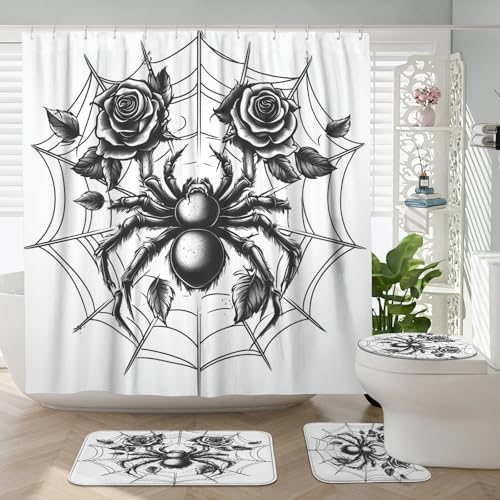 Set di 4 tende da doccia con motivo ragno gotico horror di Halloween, con tappeto antiscivolo, tappetino copriwater a forma di U, decorazione estetica gotica spaventosa per il bagno, accessori per il