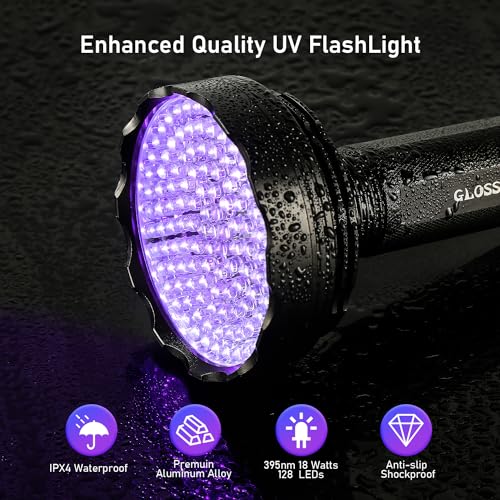 GLOSSDAY Blacklight Flashlight,128 LED UV Flashlights, Upgraded Bright Ultraviolet Flashlight Professional Black Light for Dog/Cat, Hunting Scorpions