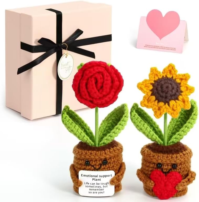 2pcs Knitted Flowers Sunflower Gifts for Women Handmade Knitted Planters with Card Gifts Birthday Gifts for Women Mom Family Friend Teacher Coworker Xmas Party (2pcs)