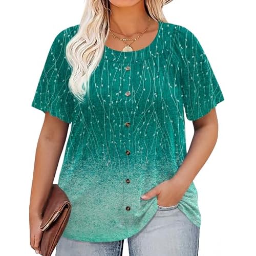 AKEWEI Womens Plus Size Tops 2026 Summer Short Sleeve Pleated Shirts Crew Neck Casual Loose Blouses Tunic XL-5XL