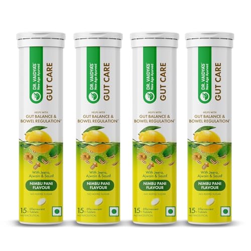 Image of Dr. Vaidya's Gut Care Effervescent Tablets | Helps reduce bloating & acidity, improves digestion, promotes gut health & regulates Bowel movement | Jeera, Ajwain, Saunf | Prebiotic & Probiotic Blend with healthy gut microbiome 15 Tablets (Pack of 4)