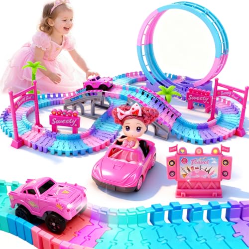 SCKTYZS Tracks Car Toys for 3 4 5 6 Year Old Girls Kids,177 PCS 360°Rotating Track Flexible Car for Girls 3-5 Toddler Flex Track Race Cars Toys Birthday Gifts