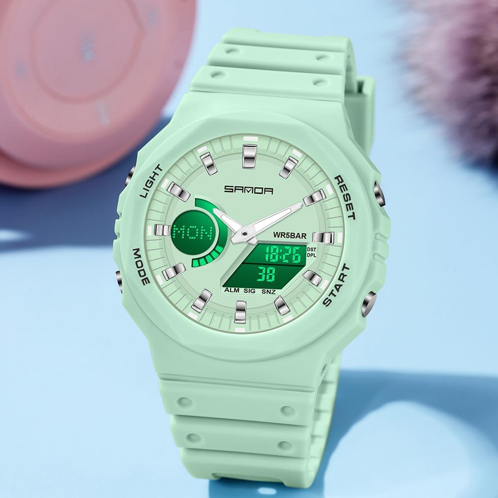 Gosasa Womens Digital Sports Watch 5ATM Waterproof Watch LED Light Large Face Analog Multifunctional Wrist Watches with Alarm Stopwatch Calendar Hourly Chime