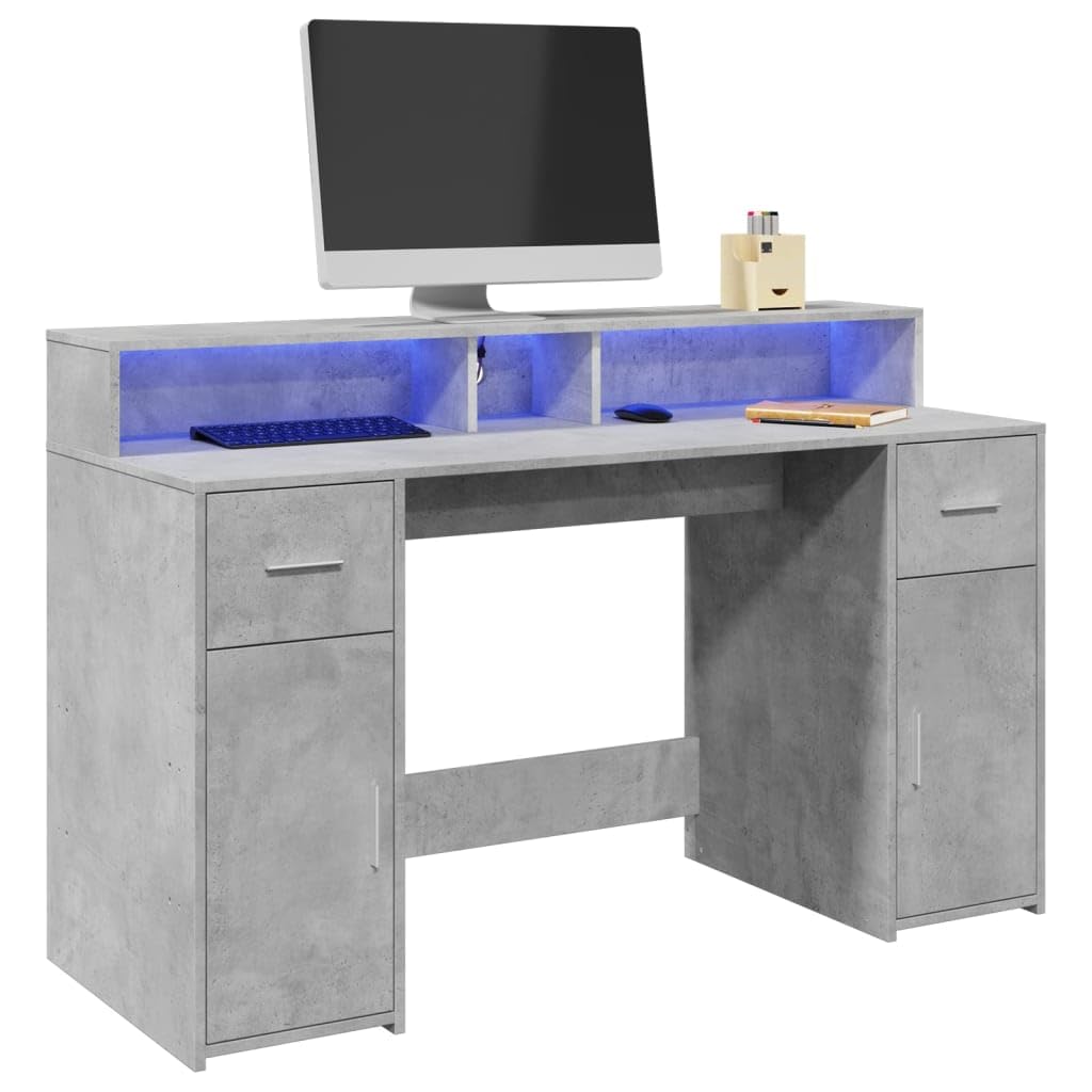 Bureau gain de place gris béton à rangement intégré et éclairage LED RVB