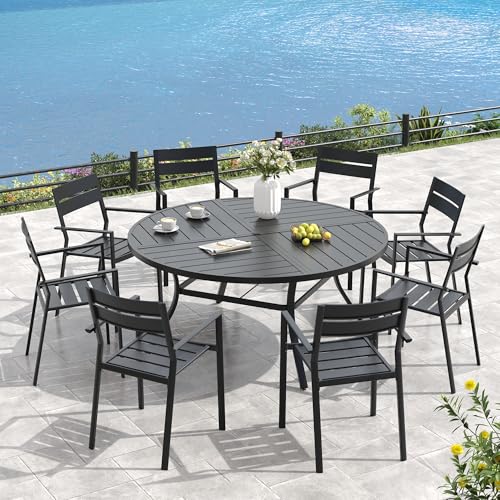 Image of VICLLAX 53 inch Round Outdoor Table, Patio Dining Table for 8 with Umbrella Hole for Garden Lawn Deck Backyard, Black