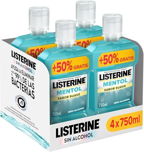 Listerine Mentol Sabor Suave (4x750 ml), enjuague bucal con flúor, colutorio encías con 24 h de protección y 0% alcohol, enjuague bucal sin alcohol para un aliento fresco