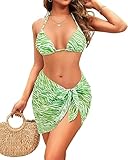 Yonique 3 Piece Triangle Bikini Swimsuit Halter Top Tie Side Bikini Bathing Suit with Mesh Beach Skirt Green Zebra 01 L