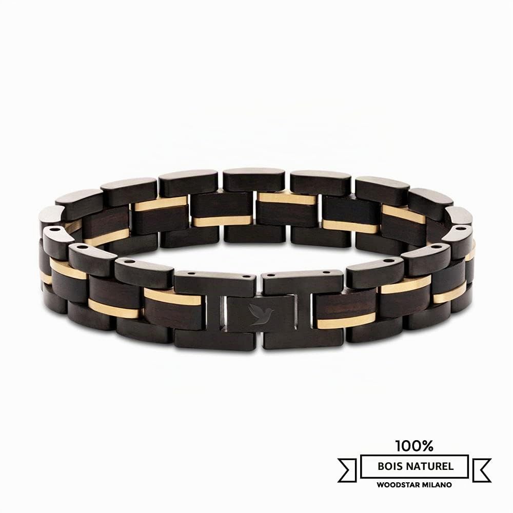 WOODSTAR (BLACK PYTHON) Bracelet pour homme en acier et bois, bijoux de mode masculin, bracelet réglable noir or B20-010, Il bracciale può essere regolato su misura, Acier inoxydable Acier allié Bois,