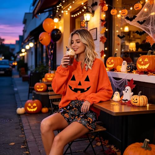 Image of Roshop Halloween Pajama Women's Pumpkin Matching Top & Shorts Loungewear Set