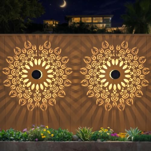 Image of Neoglint 2 Pack Solar Mandala Fence Lights Outdoor IP55 Warm White | Exquisite Mandala Wall Deck Lights for Garden Patio Step, IP55 Waterproof Iron Wall Mount, Warm Glow Pattern, 800mAh 12H
