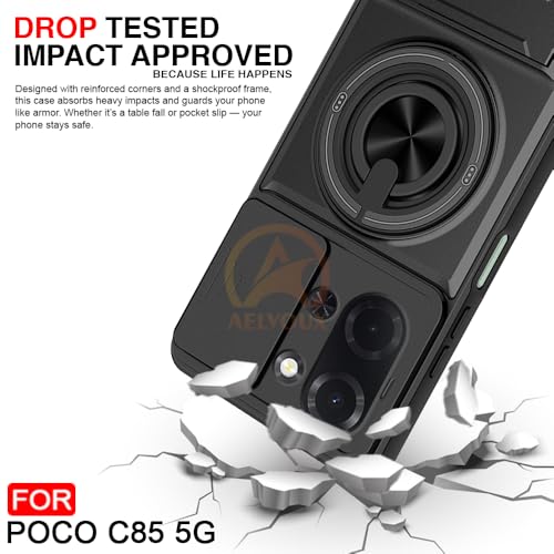 Image of Poco C85 5G Back Cover | Armor Camera Slider 360 Degree Rotating Finger Ring Holder Case with Bracket Stand Back Case Cover (Compatible with MagSafe Accessories) (Black)