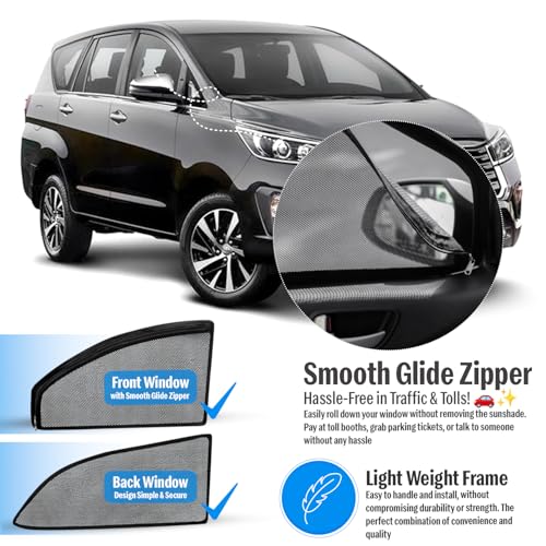 Image of Autofact Magnetic Car Sunshades Compatible with Toyota Innova Crysta (2016 to 2024) (Set of 6) - Easy Installation, UV Protection, Keeps Car Cool (Front 2 with Zippers, Rear 2 Without Zippers)
